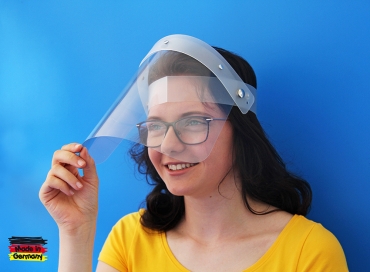 Gesichtsschutz Face Shield Behelfsgesichtsschutz aus Kunststoff universelle Passform hochklappbar Made in Germany