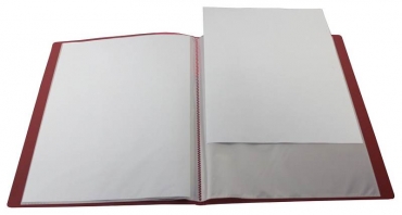 EXXO by HFP Sichtbuch / Sichthüllenmappe, A4, aus PP, mit 40 fest eingeschweißten und oben offenen Klarsichthüllen, mit Einschubtasche auf der Vorderseite, Farbe: transparent rot– 1 Stück