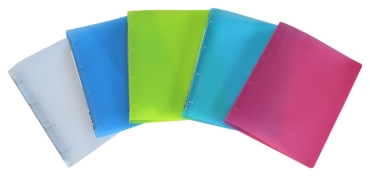 EXXO by HFP Ringbuch / Ringmappe / Ringordner, A4, aus PP, mit 4er Rundringmechanik und selbstklebenden Rückenschild, Farbe: transparent farbig sortiert– 5 Stück