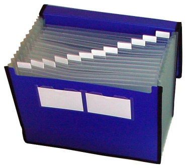 EXXO by HFP Fächertasche / Aktentasche / Sammeltasche, passend für A4 Unterlagen, 12 Fächer, aus PP, dehnbare Fächer, mit Klarsicht-Taben, Gummiband-Verschluss und Namensschildtaschen, Farbe: blau – 1 Stück