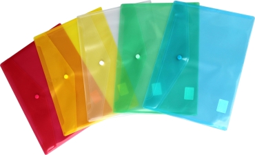 Dokumententaschen Sammelmappen Sichttaschen A5 quer transparent farbig sortiert- Dokumentenmappe mit Klappe und Druckknopf- 10 Stück
