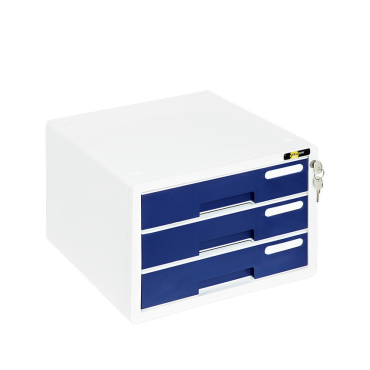 Hochwertige Schubladenbox / Ablagebox / Ordnungsbox / Dokumentenbox, passend für A4, abschließbar mit Schloss, mit 3 Fächern und Beschriftungsfeldern, aus Kunststoff, Farbe: weiß/blau– 1 Stück