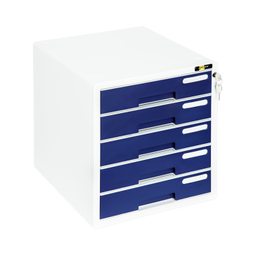 Hochwertige Schubladenbox / Ablagebox / Ordnungsbox / Dokumentenbox, passend für A4, abschließbar mit Schloss, mit 5 Fächern und Beschriftungsfeldern, aus Kunststoff, Farbe: weiß/blau– 1 Stück