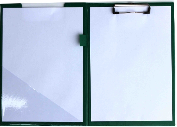 Klemmbrettmappe / Schreibmappe / Clipboard-Mappe A4 economy aus Graupappe, mit PVC-Folien Überzug, mit Drahtbügelklemme und Vorderdeckel, leinengeprägt, Farbe: grün - 1 Stück