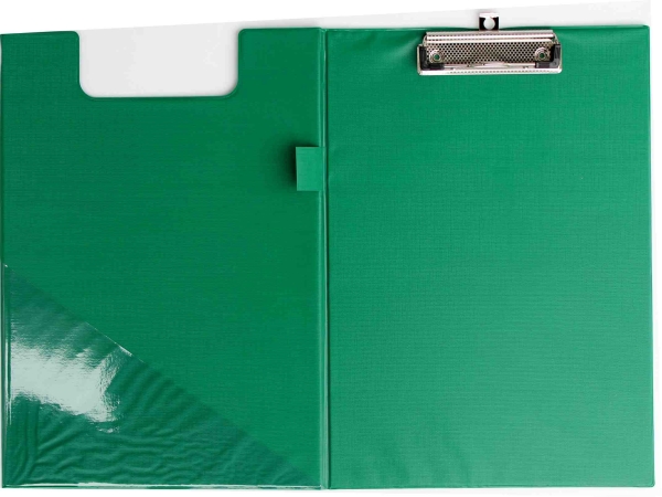 Klemmbrettmappe / Schreibmappe / Clipboard-Mappe A4 economy aus Graupappe, mit PVC-Folien Überzug, mit Drahtbügelklemme und Vorderdeckel, leinengeprägt, Farbe: grün - 1 Stück