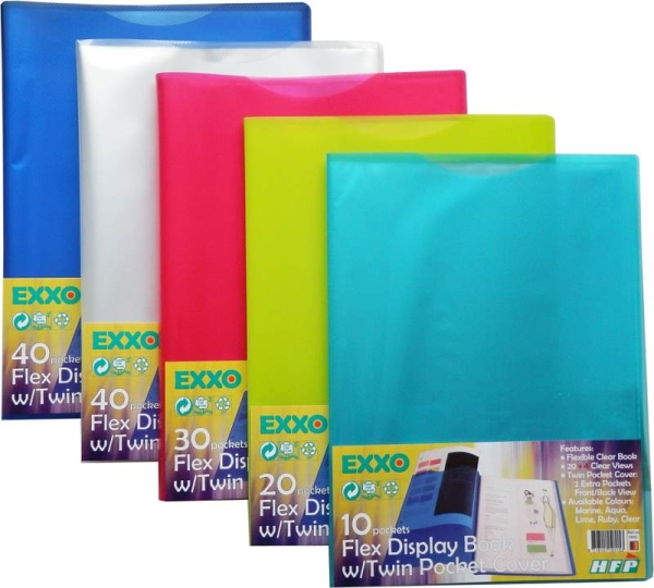 EXXO by HFP Flexibles Sichtbuch / Sichthüllenmappe / Soft-Schtbuch, A4, aus PP, mit 30 fest eingeschweißten und oben offenen Klarsichthüllen, mit Hülle auf dem Front- und Rückendeckel, Farbe: transparent farbig sortiert – 30 Stück