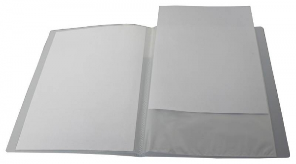 EXXO by HFP Sichtbuch / Sichthüllenmappe, A4, aus PP, mit 10 fest eingeschweißten und oben offenen Klarsichthüllen, mit Einschubtasche auf der Vorderseite, Farbe: transparent weiss – 1 Stück