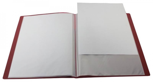 EXXO by HFP Sichtbuch / Sichthüllenmappe, A4, aus PP, mit 40 fest eingeschweißten und oben offenen Klarsichthüllen, mit Einschubtasche auf der Vorderseite, Farbe: transparent rot– 1 Stück